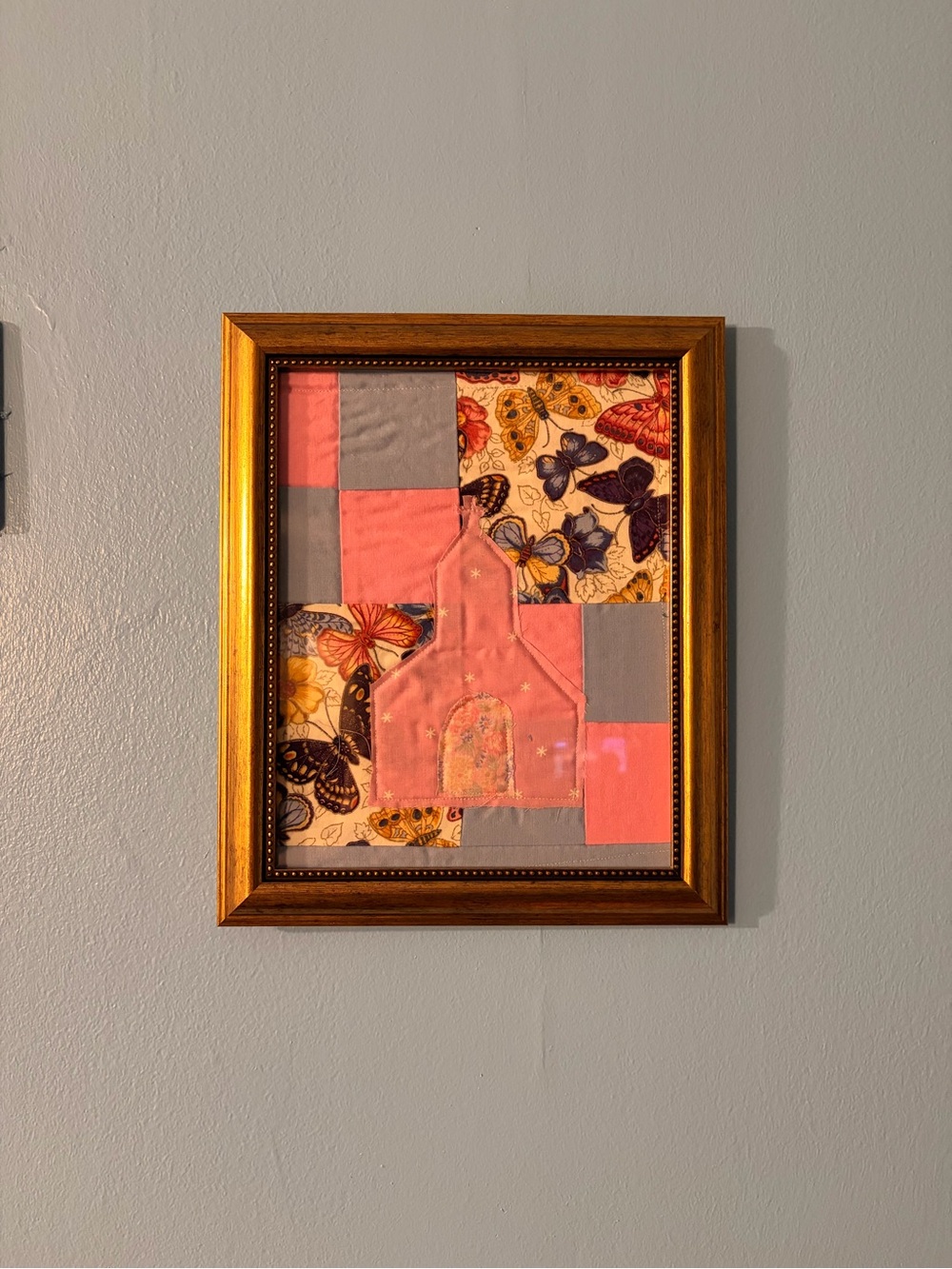 Handmade Pink & Gray Butterfly Patchwork Wall Art